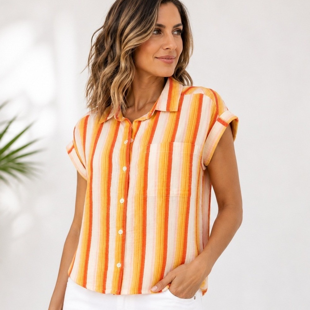 Style & Co 100% Cotton Gauze Striped Button Front Shirt Small‎ Beach Resort Top
